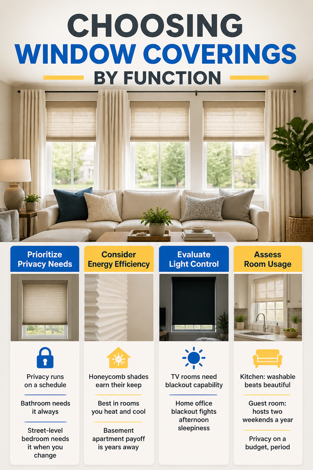 An information image about choosing window coverings by function.