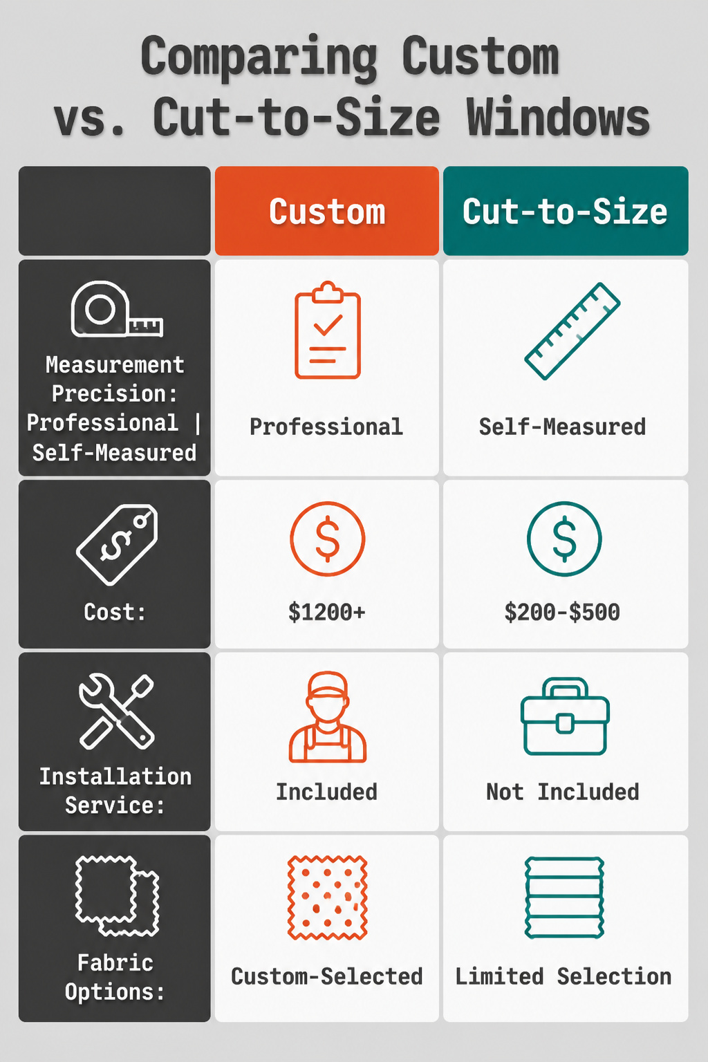 A comparison image showing custom and cut-to-size window options.