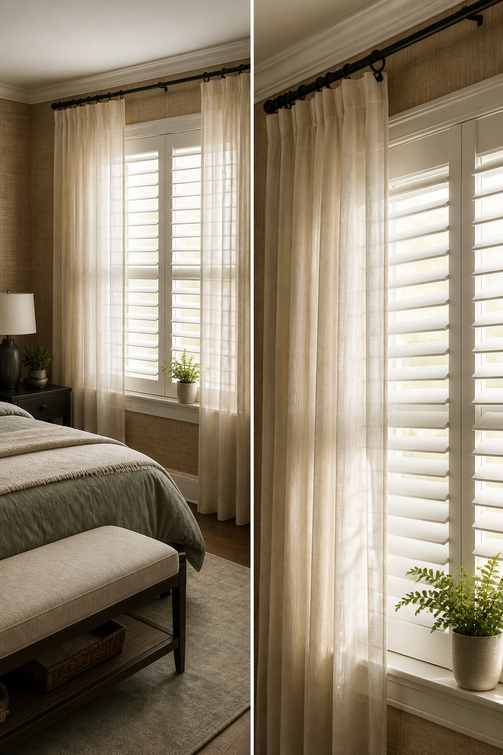 A layered window treatment with shades and drapery in a room.