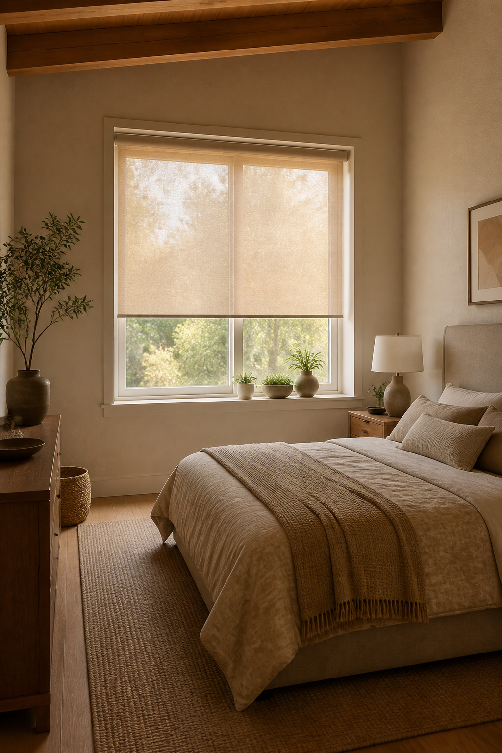 Light-filtering roller shades installed in a window frame.