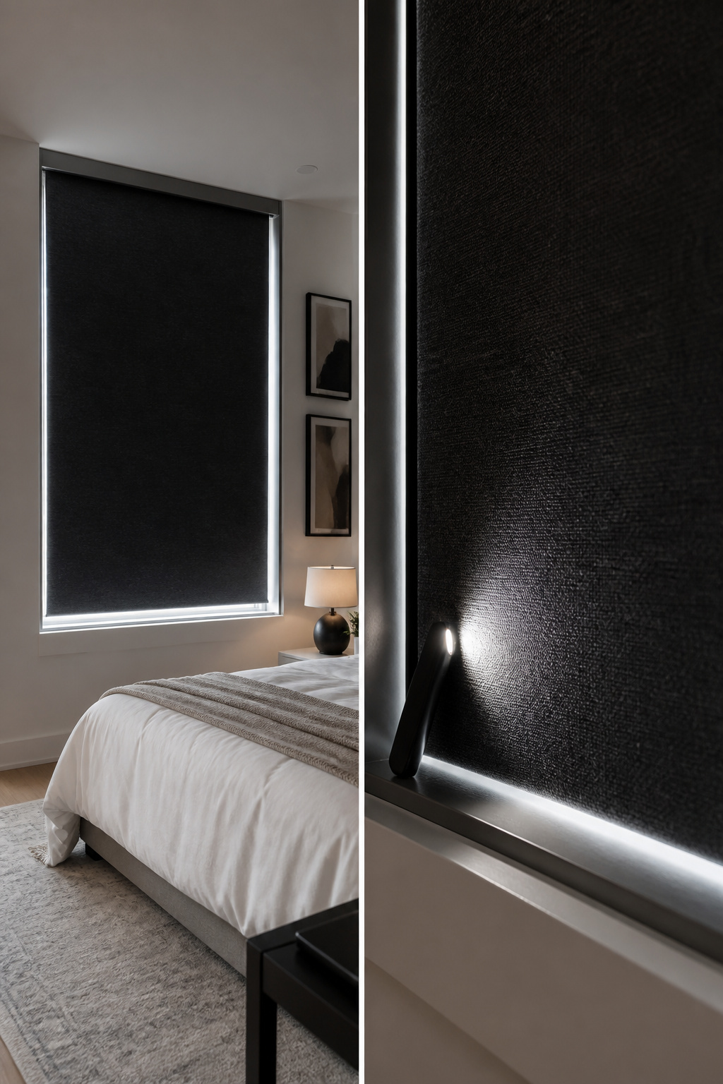 Blackout shades with side channels installed in a bedroom.