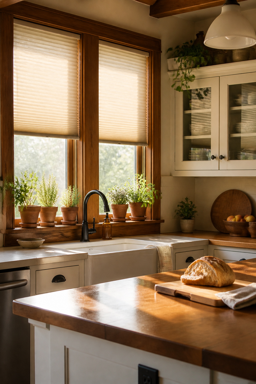 Honeycomb cellular shades in a vintage-style kitchen.