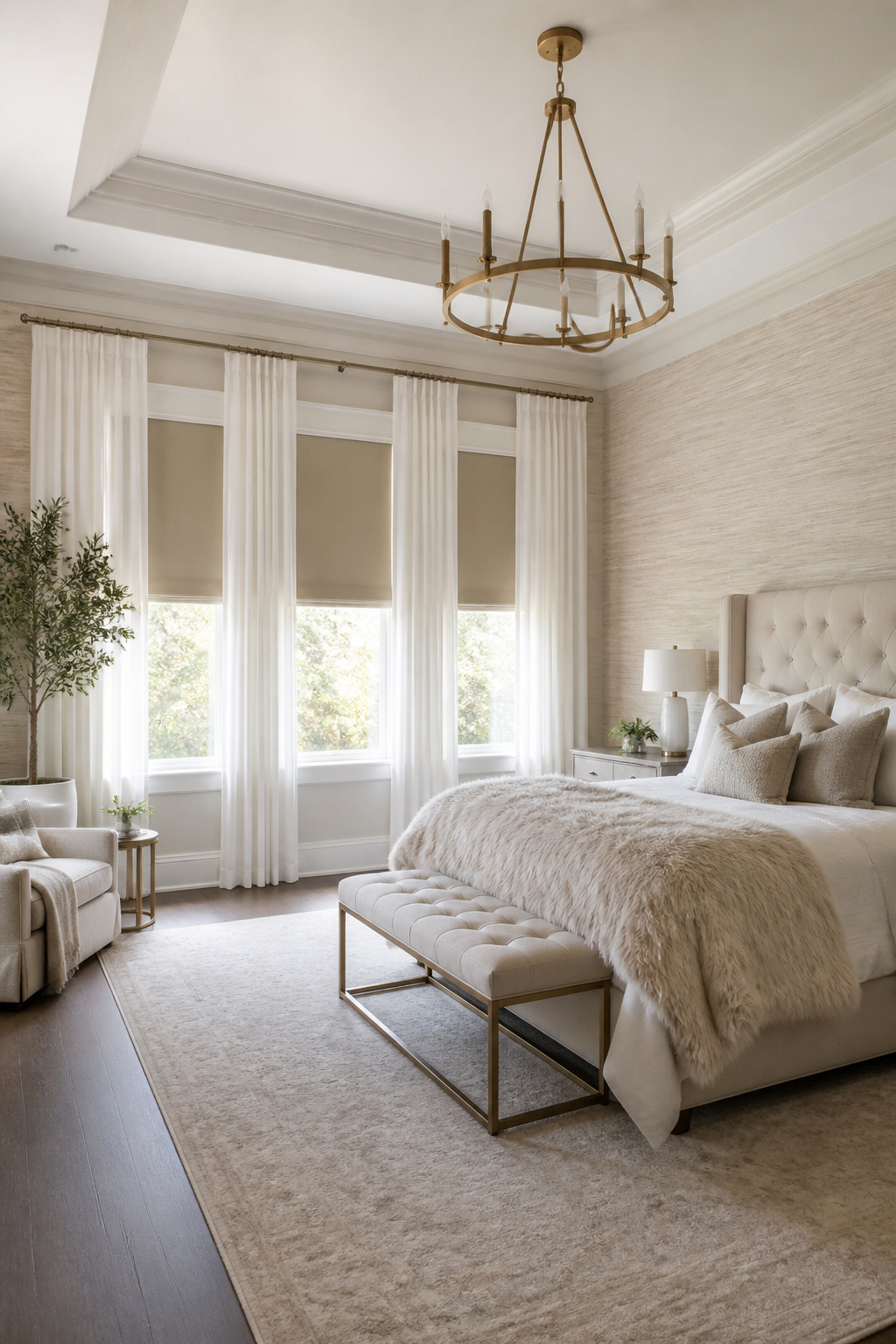 Layered drapery and shades in a stylish bedroom.