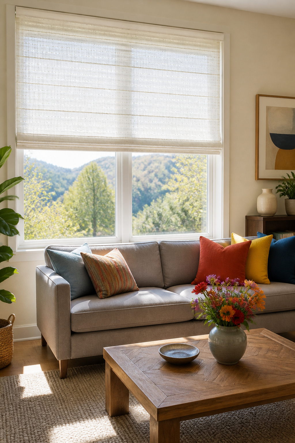 Sheer shades on kitchen windows allowing soft light.