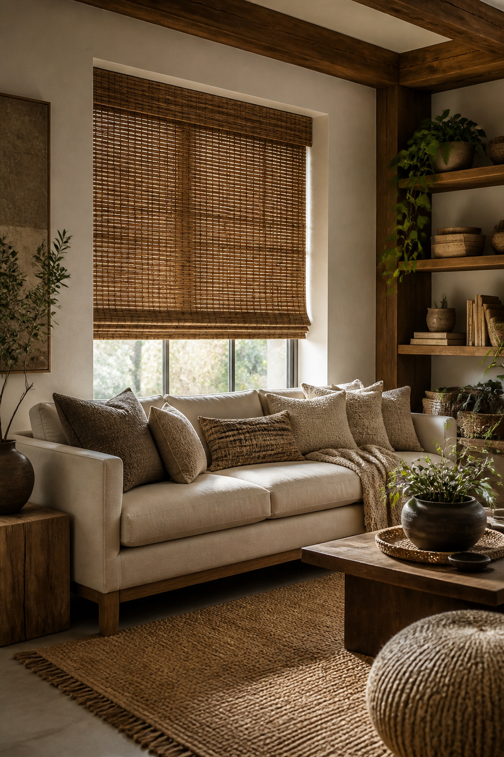 Woven wood shades made from bamboo and grass in a living room.