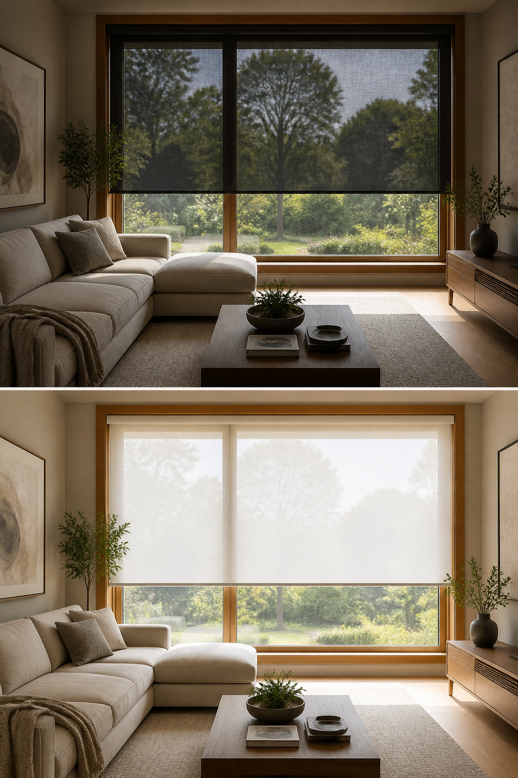 Solar shades installed in a west-facing living room.