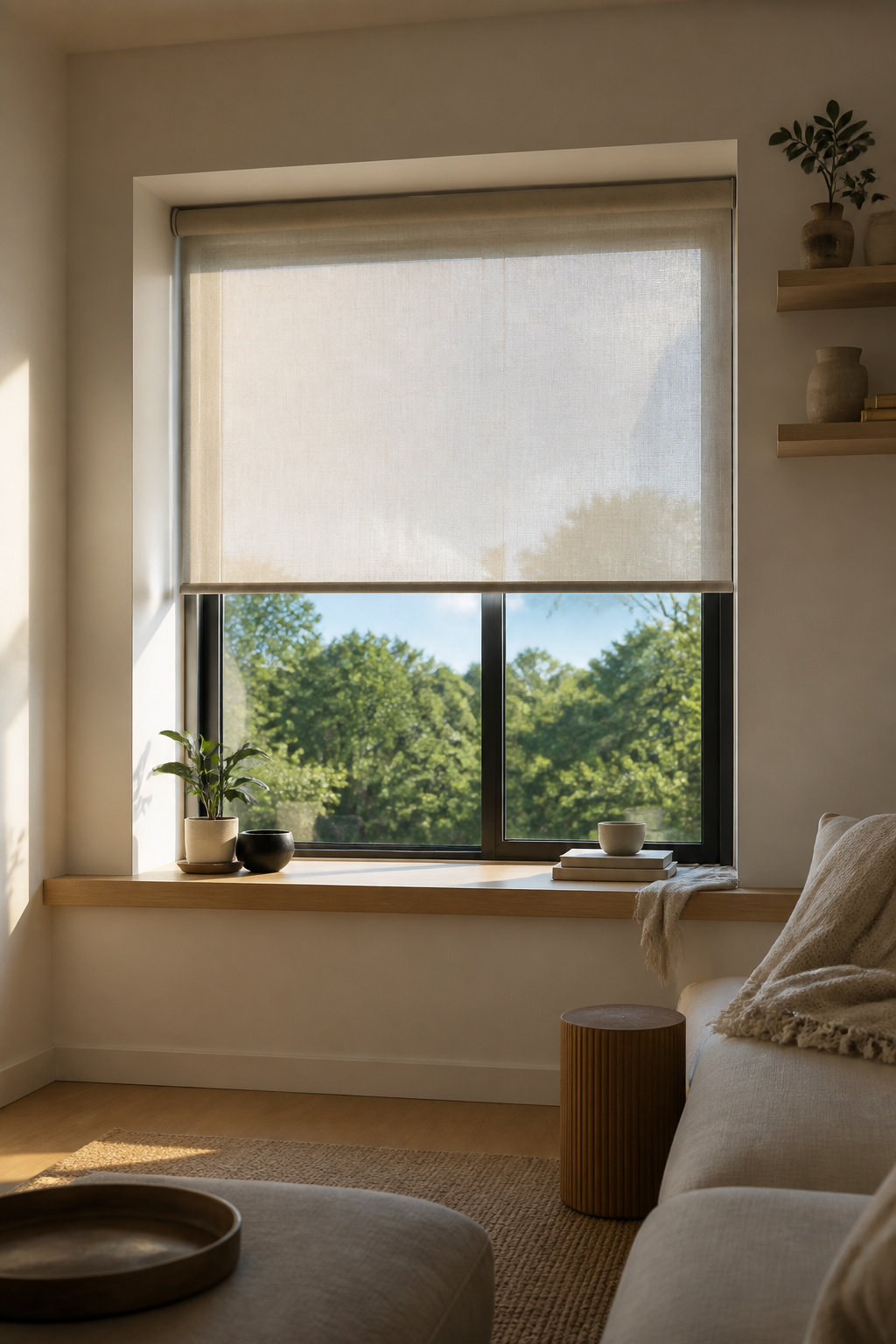 A roller shade covering a large window with trees and sky visible.