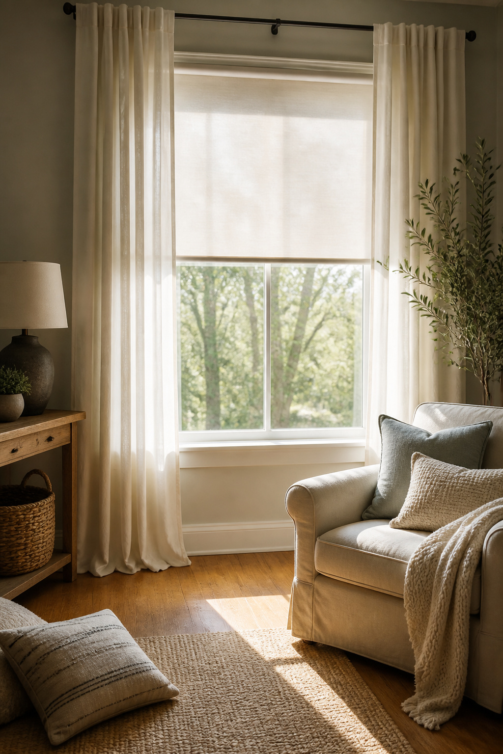 A layered window treatment of roller shades and curtains.
