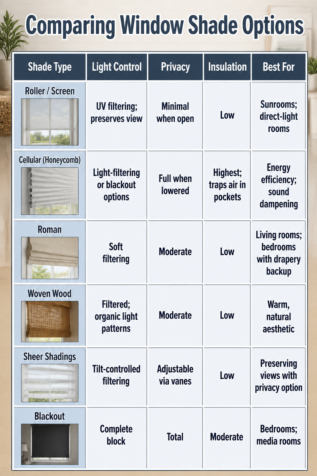 An infographic comparing various window shade types.