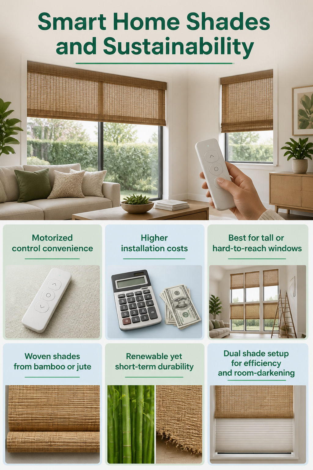 Smart home shades made from sustainable materials in a living space.