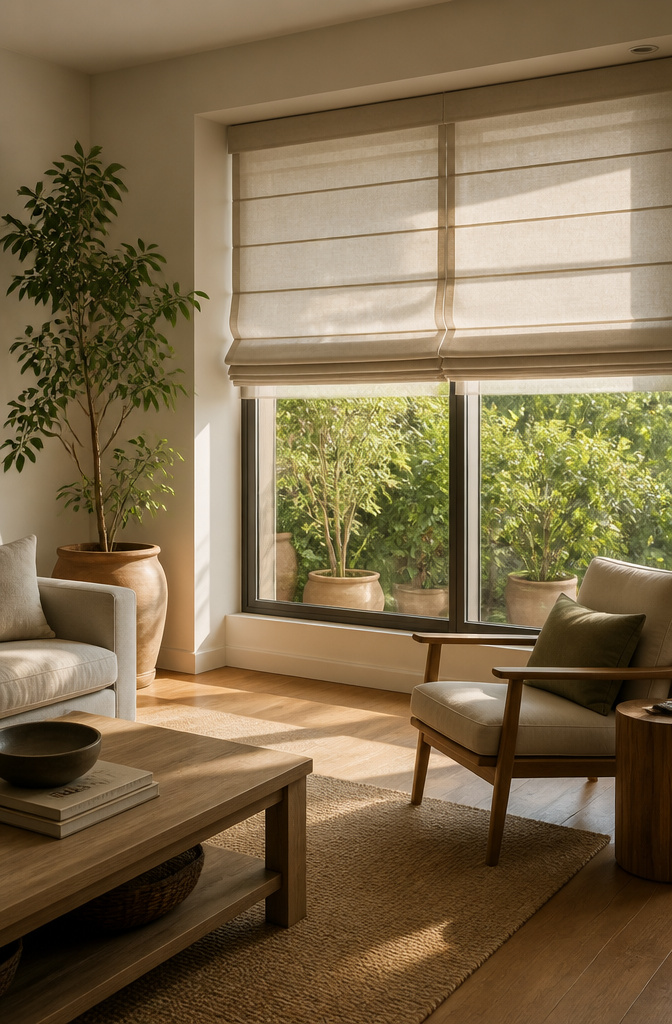 Roman shades in soft pleats hanging over a large window.
