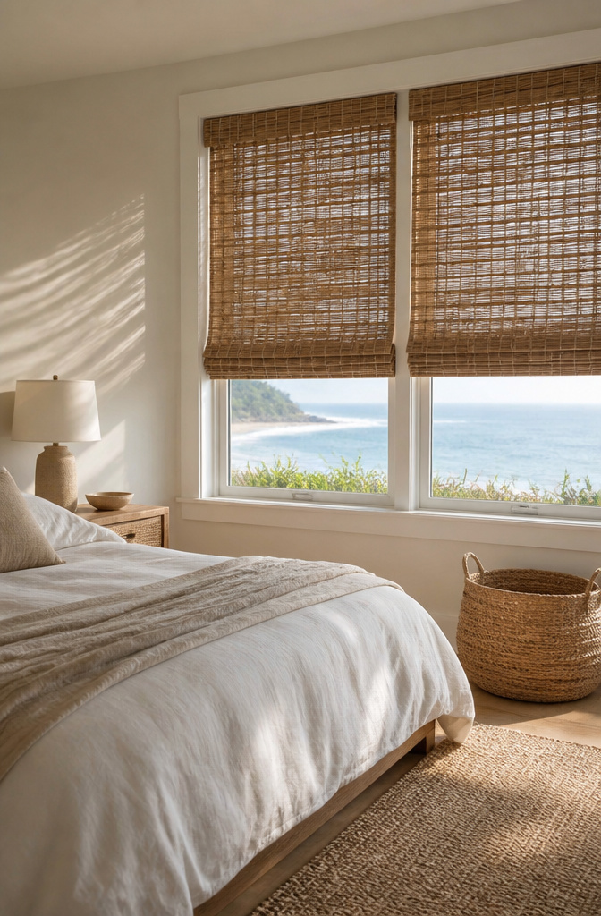 Woven wood shades filtering light in a coastal-inspired bedroom.