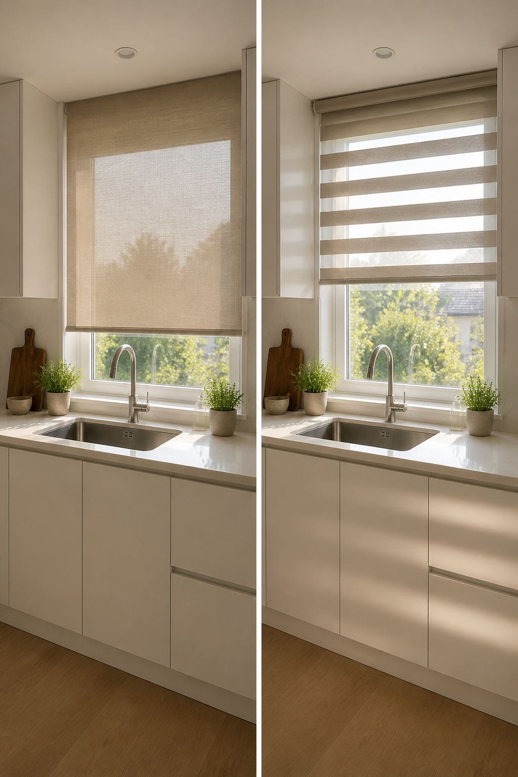 Zebra shades with sheer and solid stripes in a window.