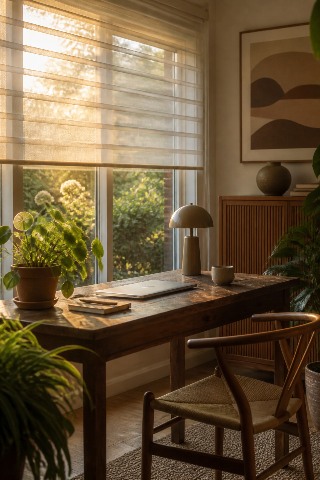 Sheer shades in a home office overlooking a garden.