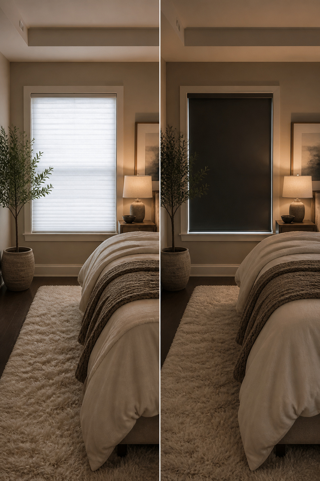 Blackout shades installed to block light in a bedroom.