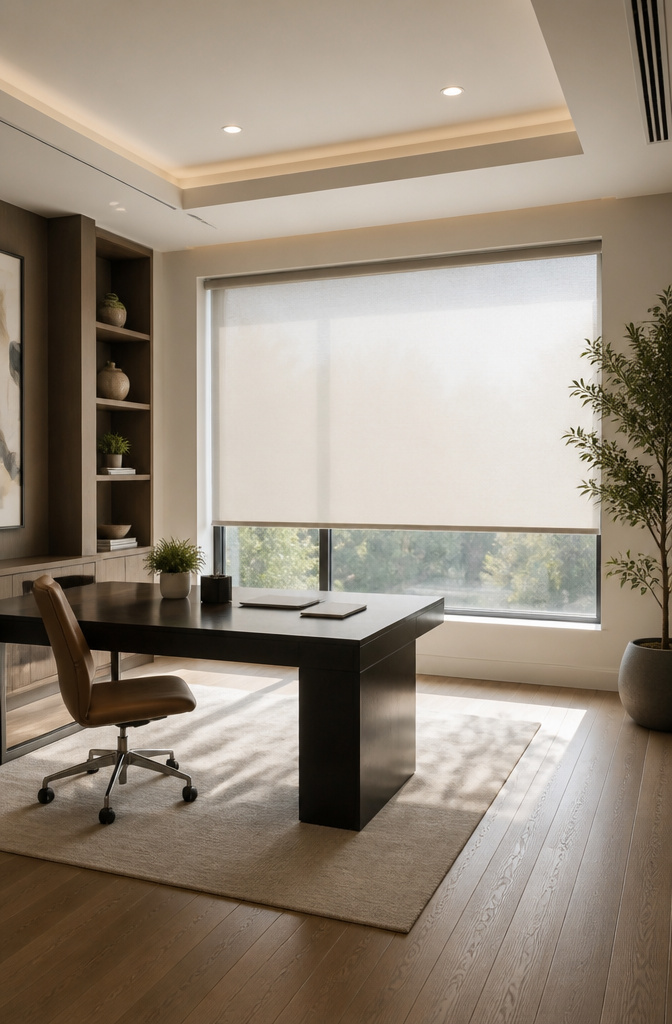 Motorized shades installed in a high window for easy control.