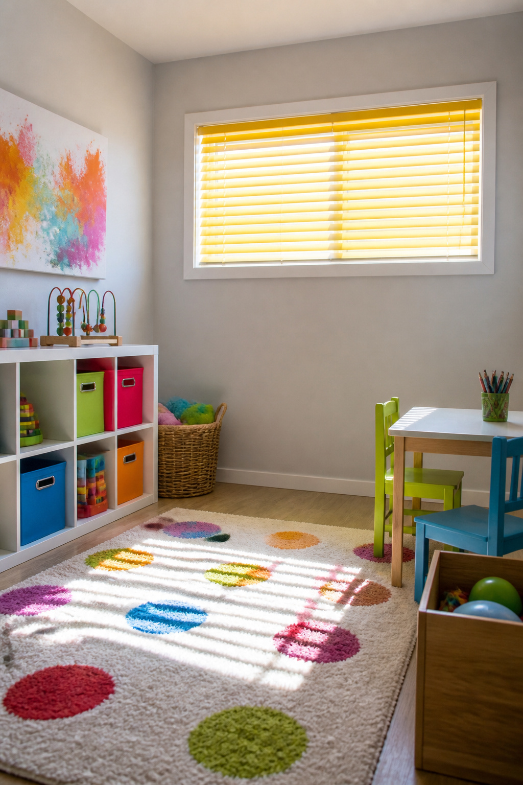 Colorful mini blinds with narrow slats on a short window in a playroom.