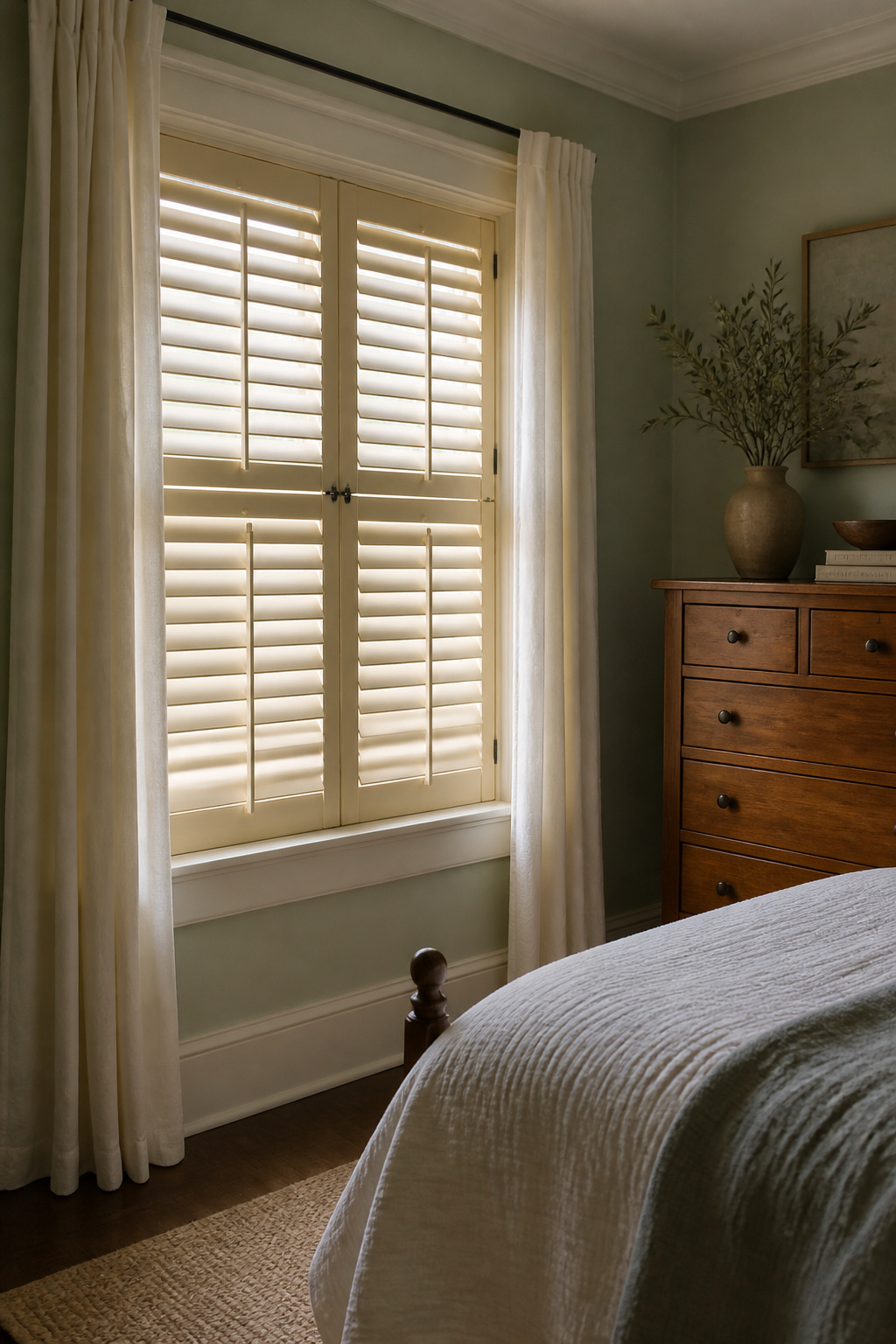 Wood Window Shutters: Interior and Exterior Materials 1 Pine shutters with a warm hue on a bedroom window.