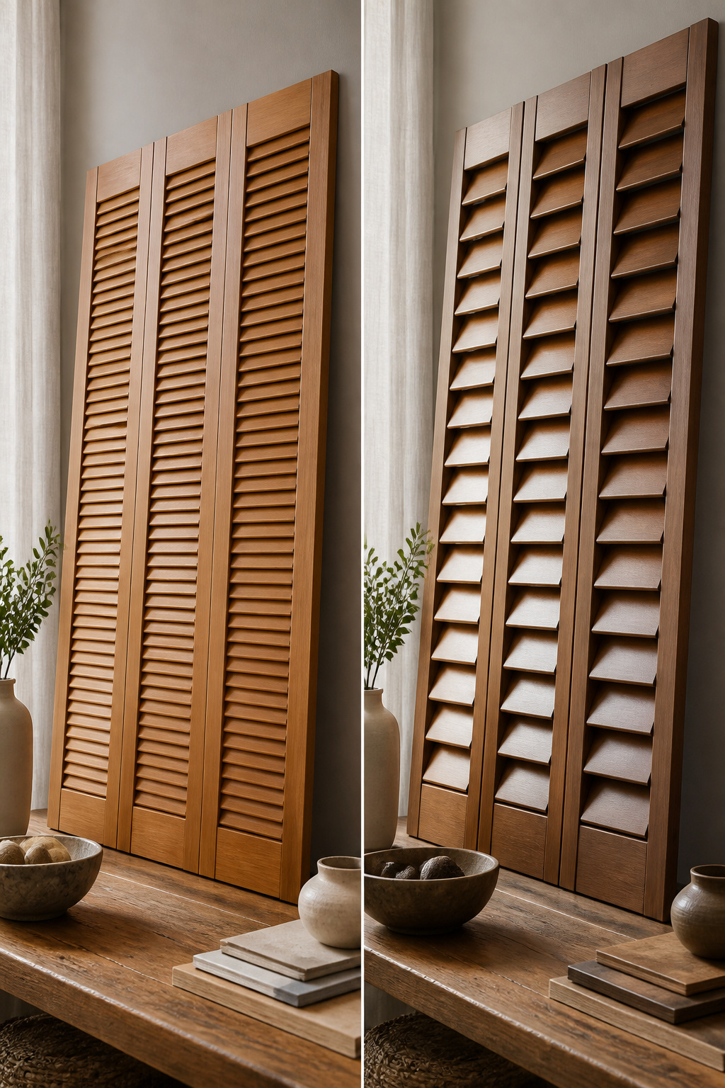 Wood Window Shutters: Interior and Exterior Materials 10 Display of different louver sizes and panel configurations.