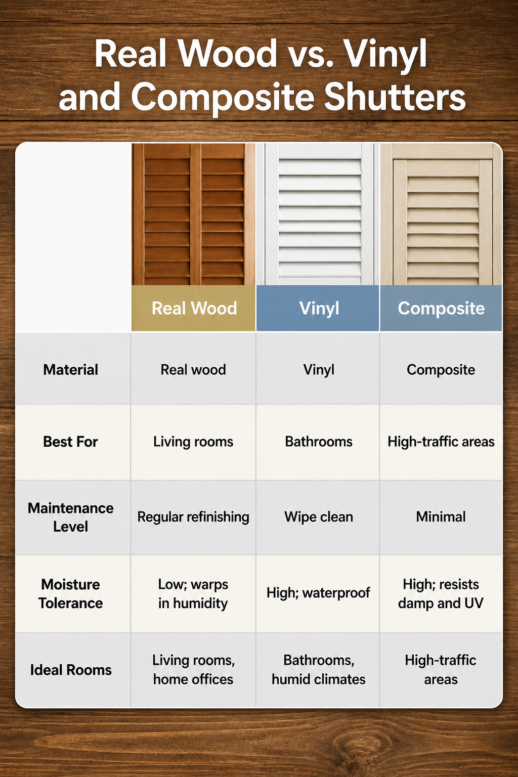 Wood Window Shutters: Interior and Exterior Materials 11 Comparison of real wood and synthetic shutters.
