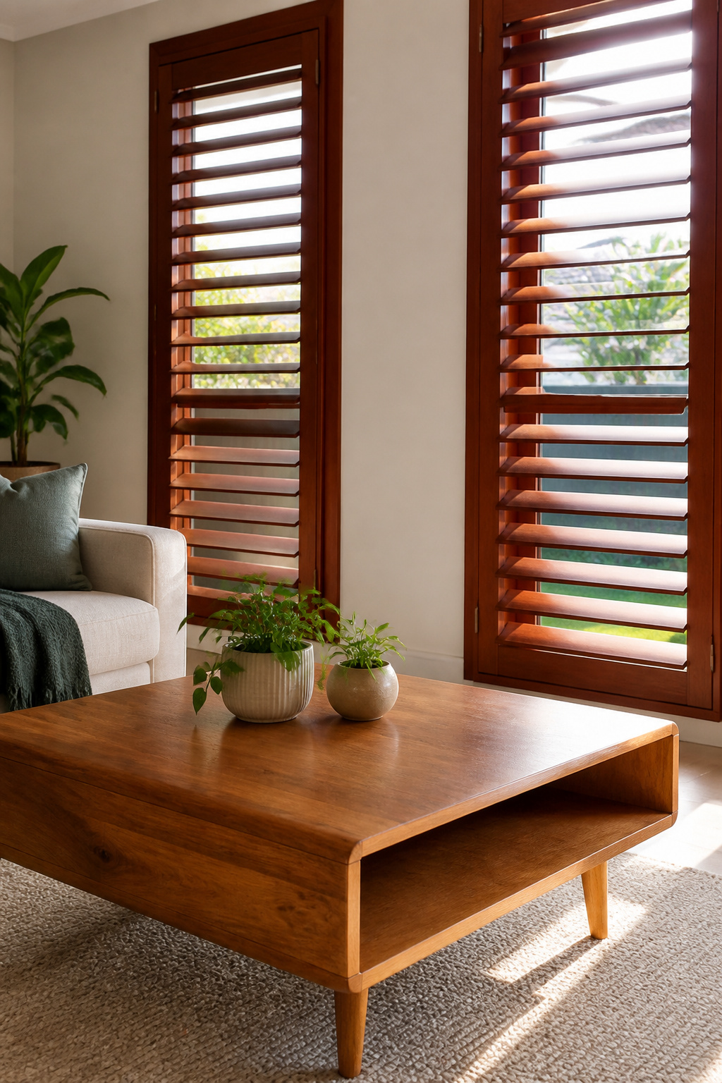 Wood Window Shutters: Interior and Exterior Materials 2 Elegant Red Grandis shutters in a spacious living area.