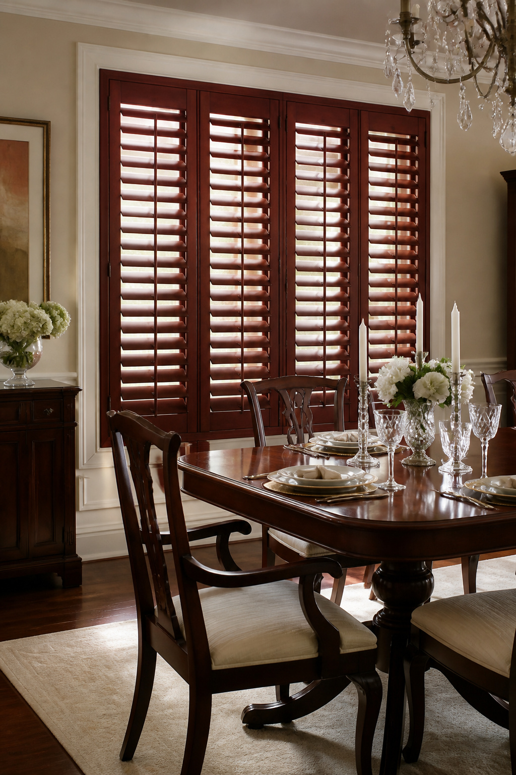 Wood Window Shutters: Interior and Exterior Materials 4 Rich mahogany shutters on a large window in a dining room.