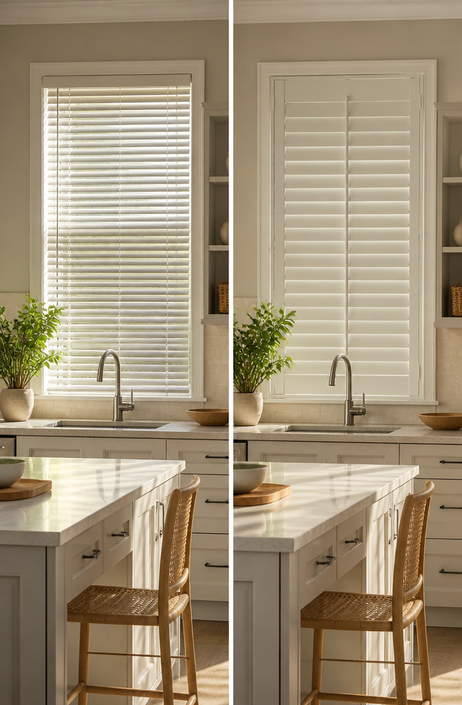 Wood Window Shutters: Interior and Exterior Materials 5 Faux wood shutters designed to resist humidity and wear.