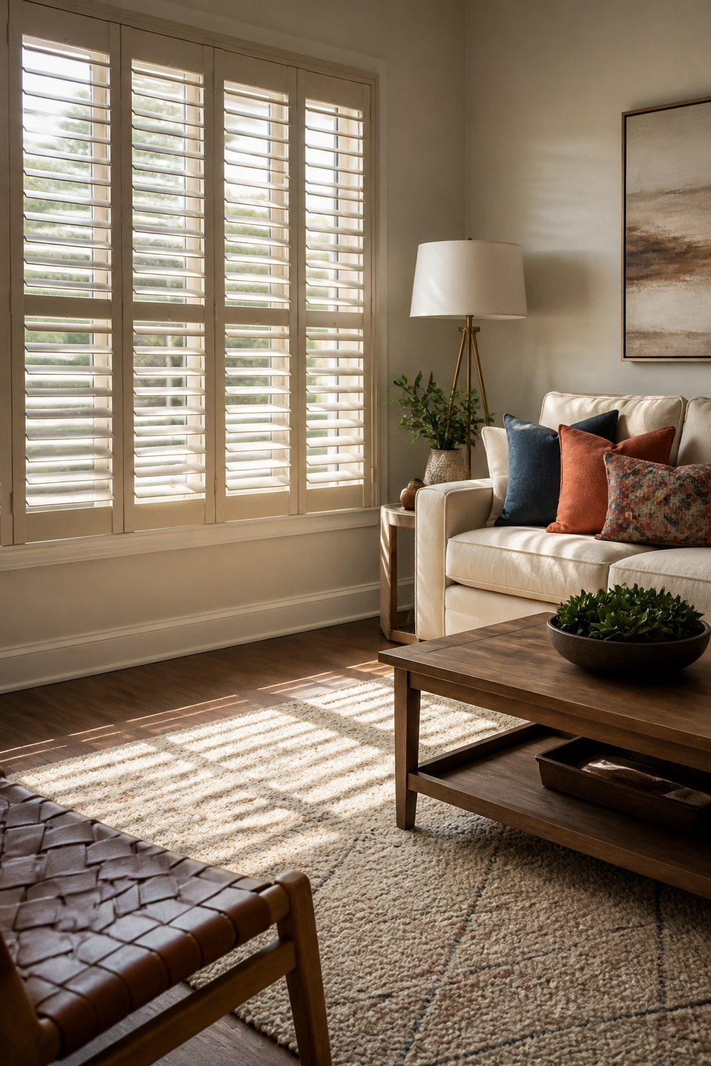 Wood Window Shutters: Interior and Exterior Materials 6 Composite shutters in a family room, resembling traditional wood.