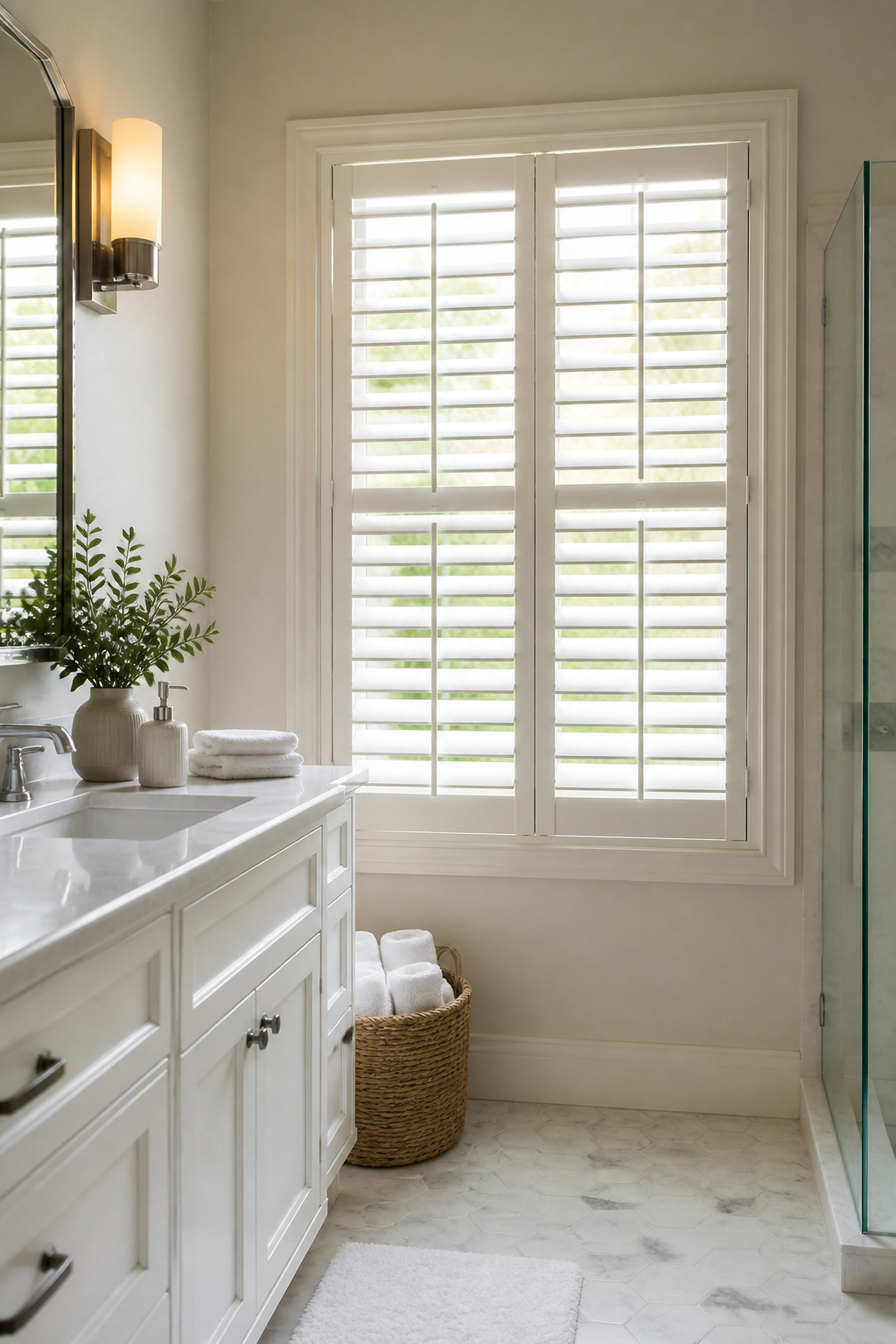 Wood Window Shutters: Interior and Exterior Materials 8 U-PVC Ecowood shutters in a bright bathroom.
