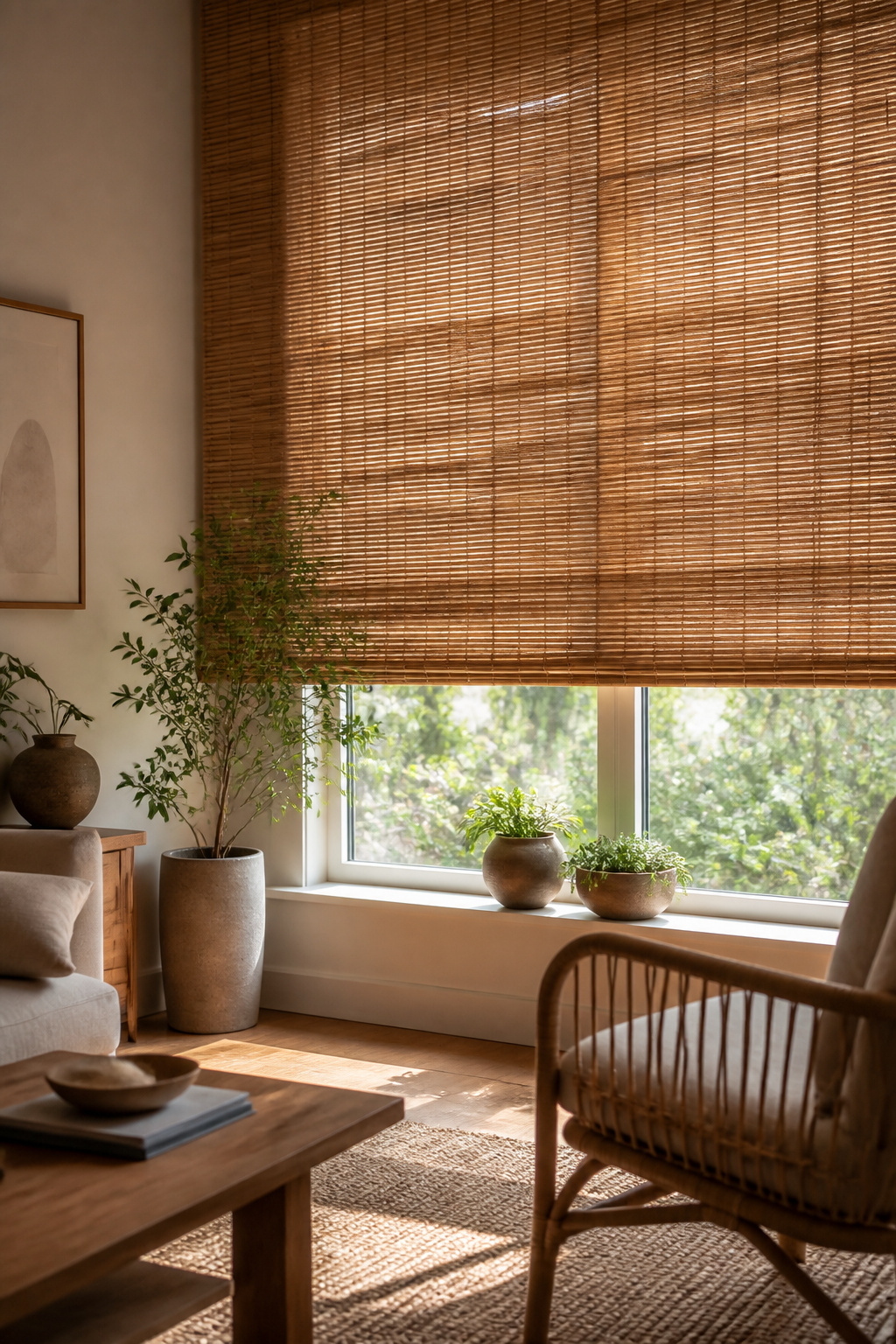 Close-up of woven wood shades displaying irregular textures and earthy tones.