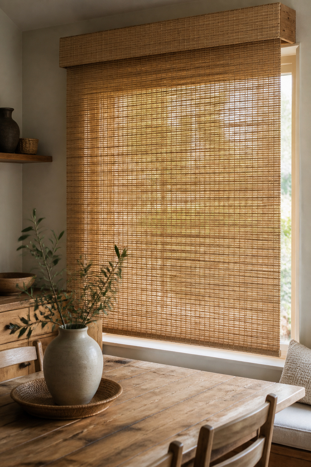 Waterfall style woven wood shades hanging straight from the headrail.