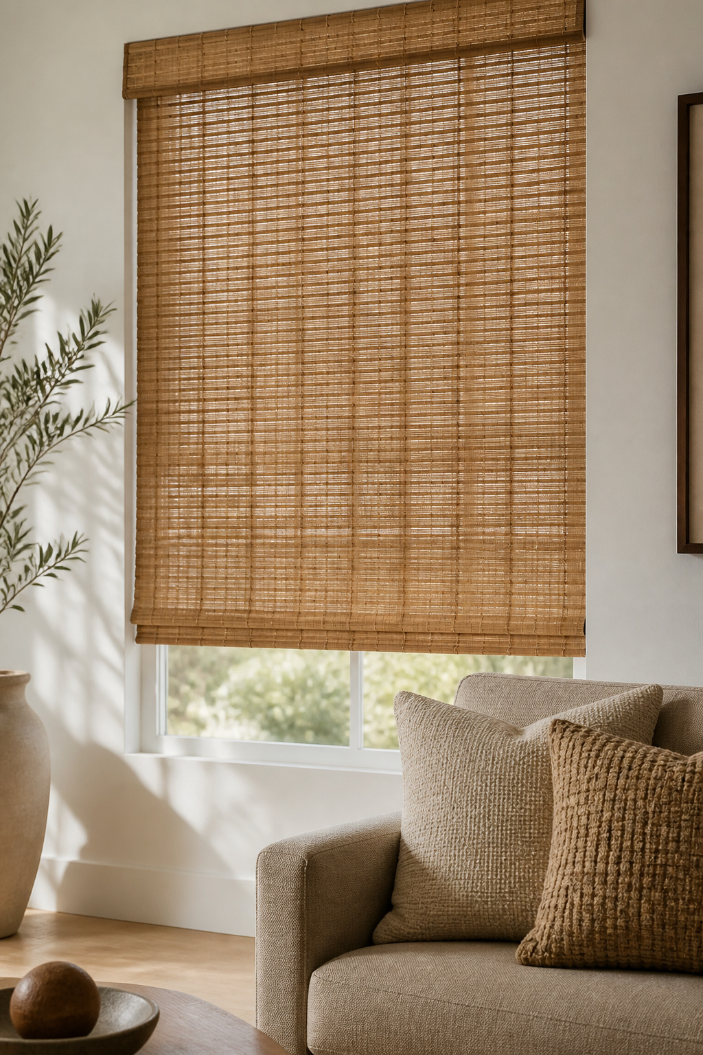 Standard woven wood shades hanging straight with a custom valance.