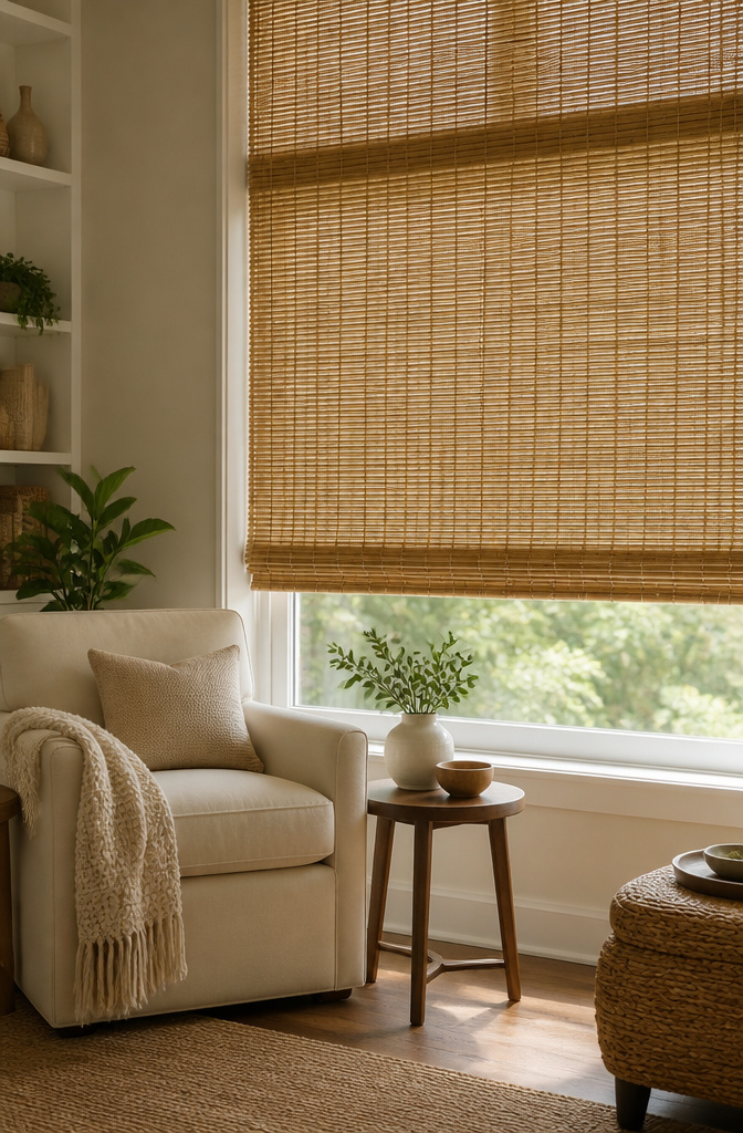 Premium bamboo woven wood shades in a cozy reading nook.