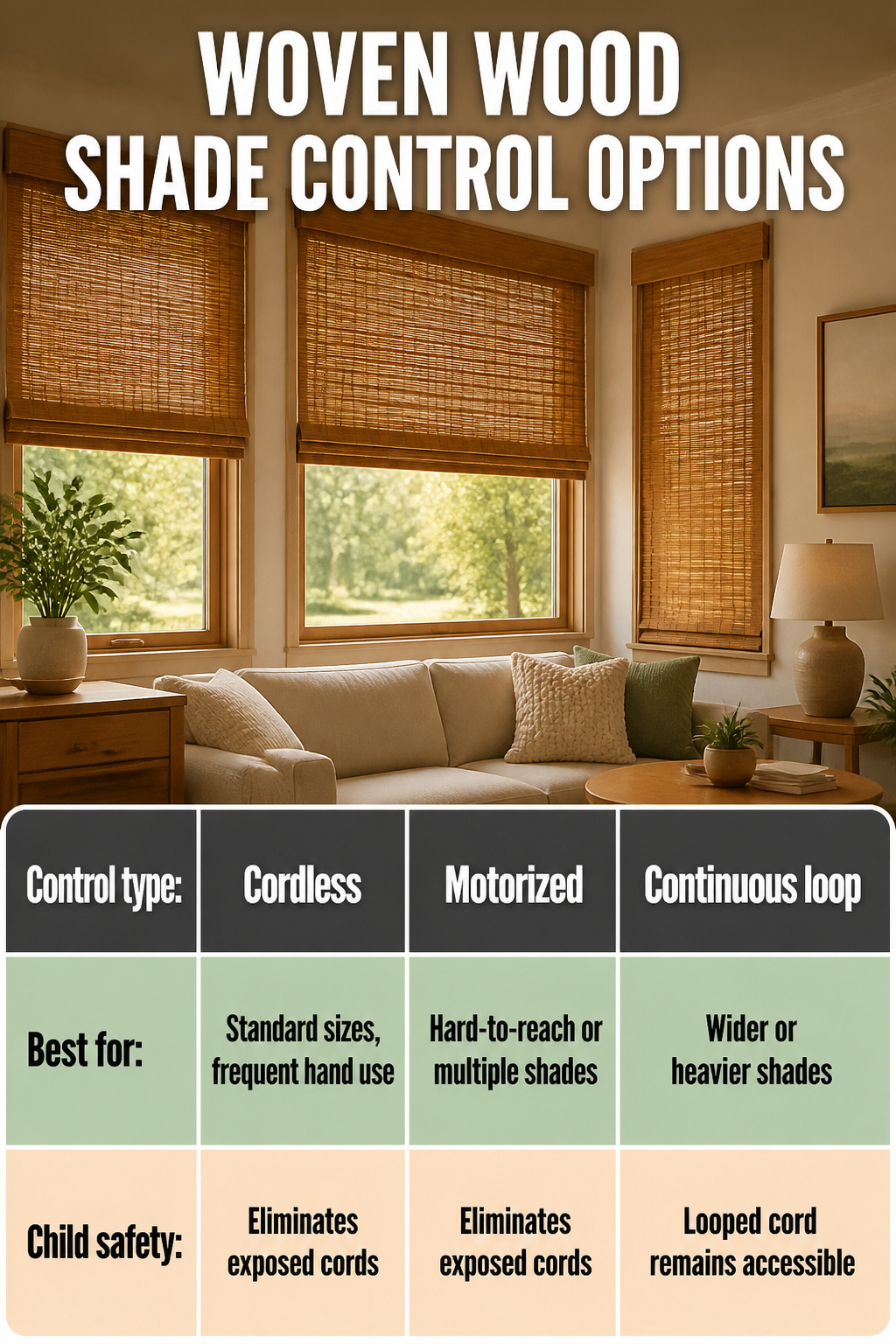 Information image showing various control options for woven wood shades.