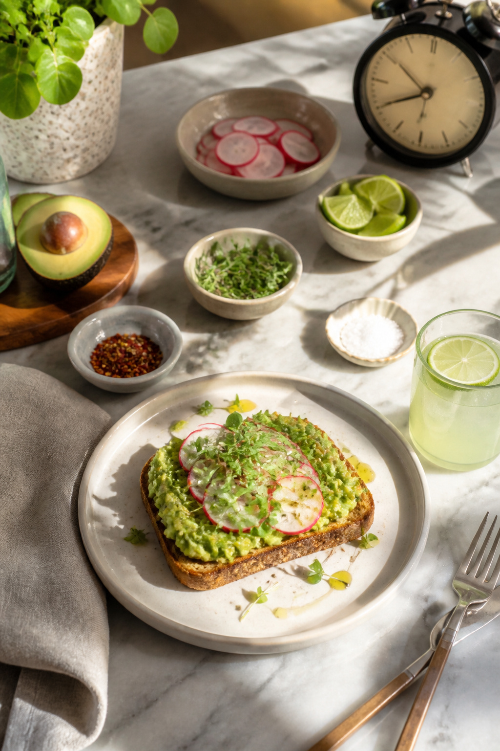A finished plate of avocado toast with olive oil and lime juice.