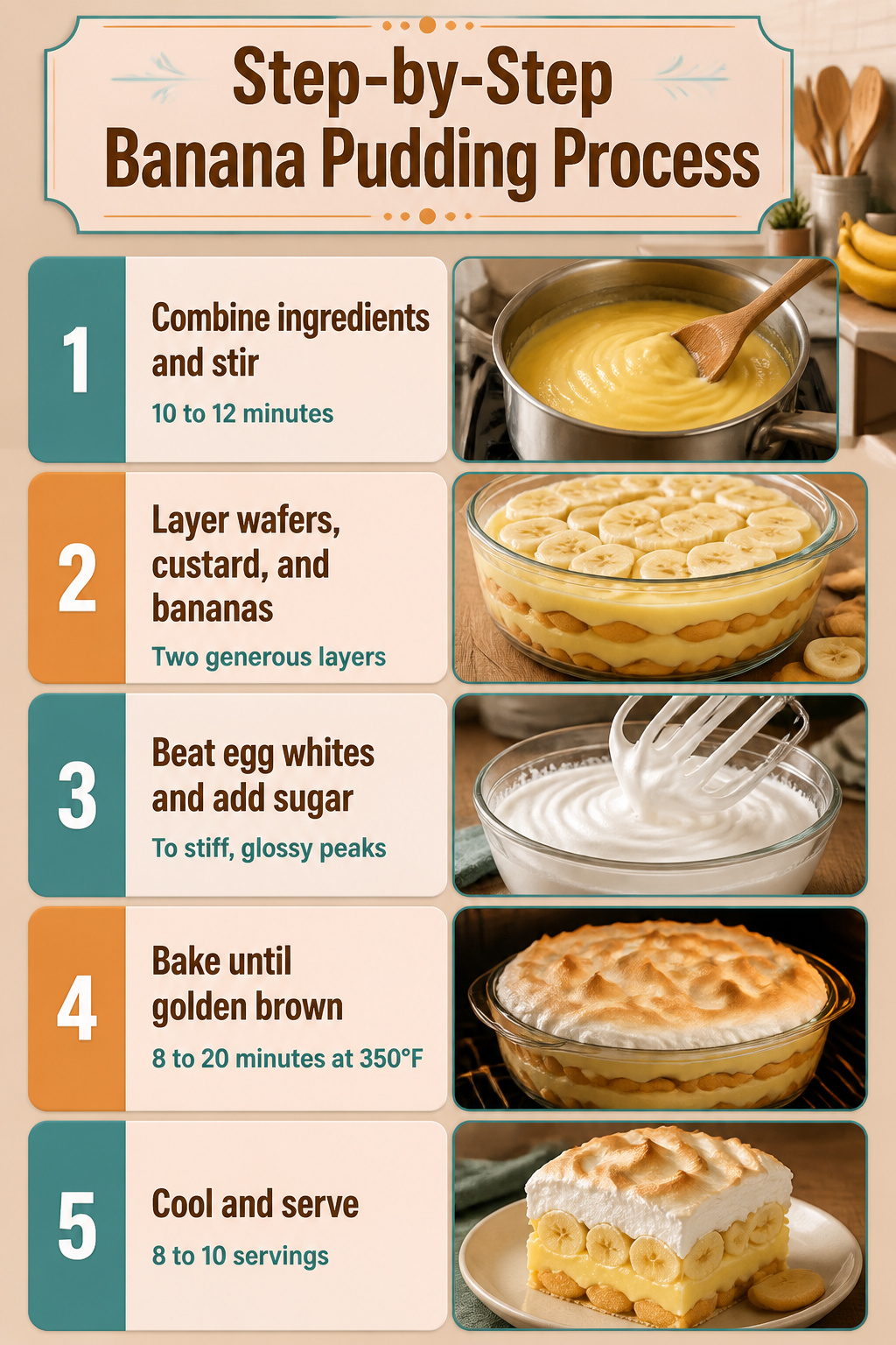 Banana Pudding Recipe With Custard and Baked Meringue 2 Step-by-step process for making banana pudding.