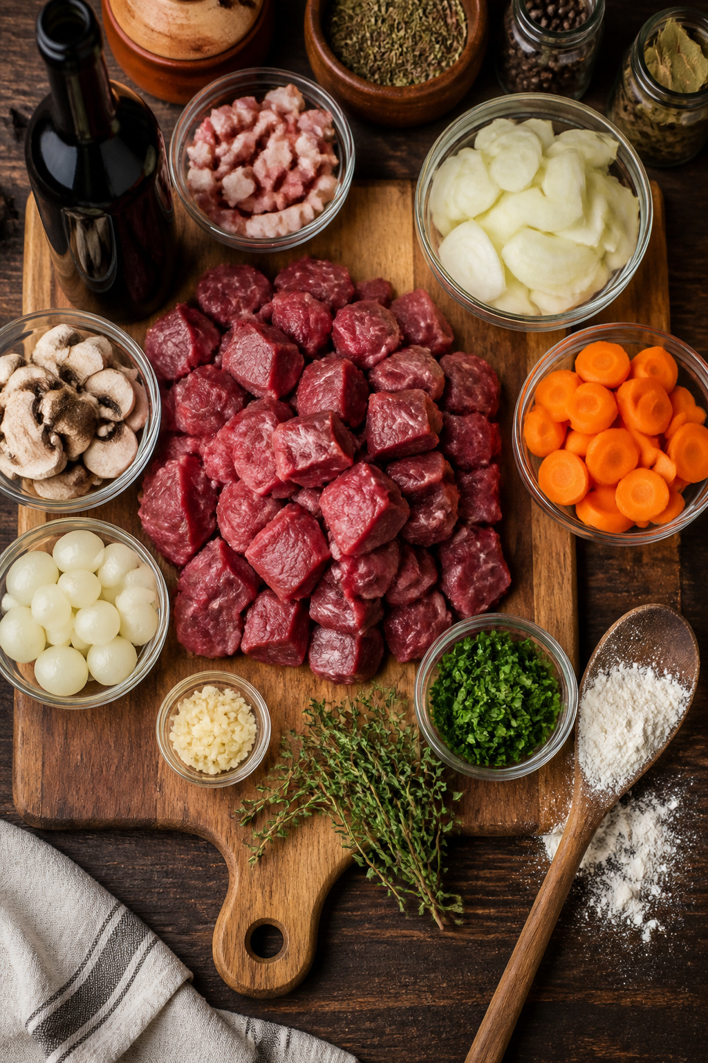 Beef Bourguignon Recipe: Method, Wine Choice and Make-Ahead Tips 2 Ingredients for beef bourguignon including beef, bacon, and vegetables.