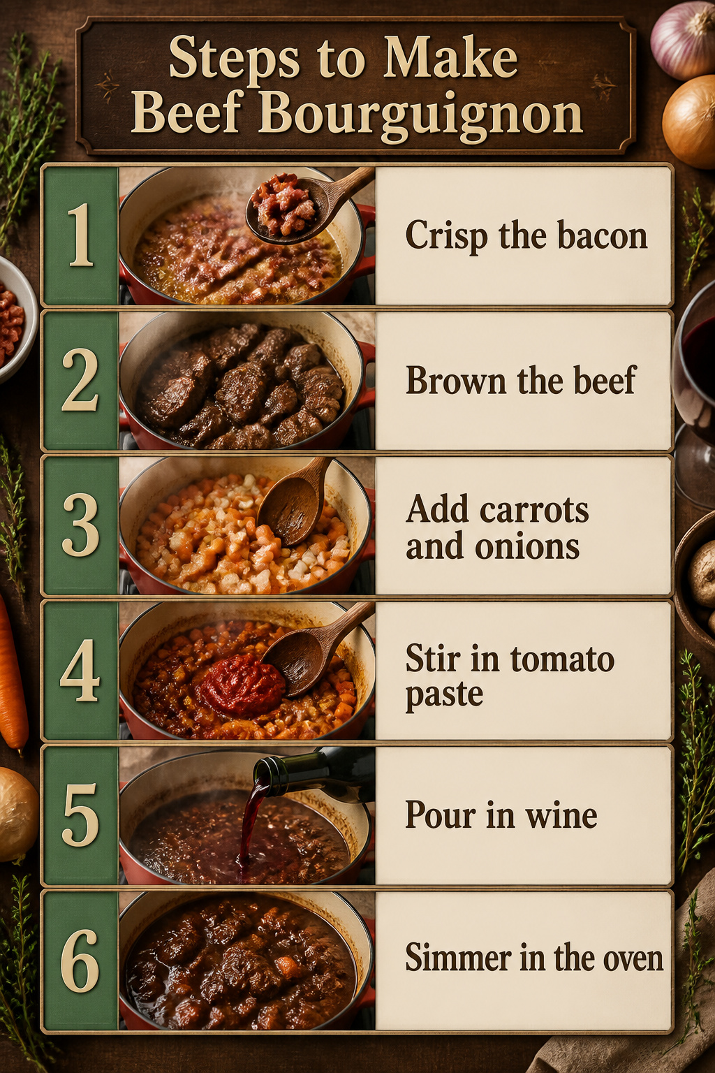 Beef Bourguignon Recipe: Method, Wine Choice and Make-Ahead Tips 3 Instructions for preparing beef bourguignon in a Dutch oven.