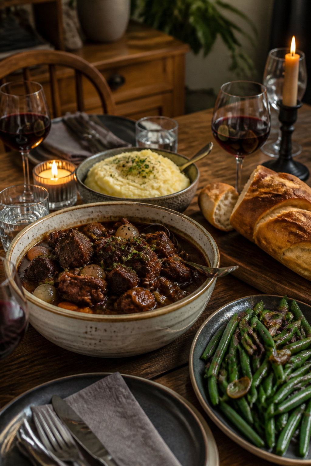Beef Bourguignon Recipe: Method, Wine Choice and Make-Ahead Tips 6 Plated beef bourguignon with mashed potatoes and crusty bread.