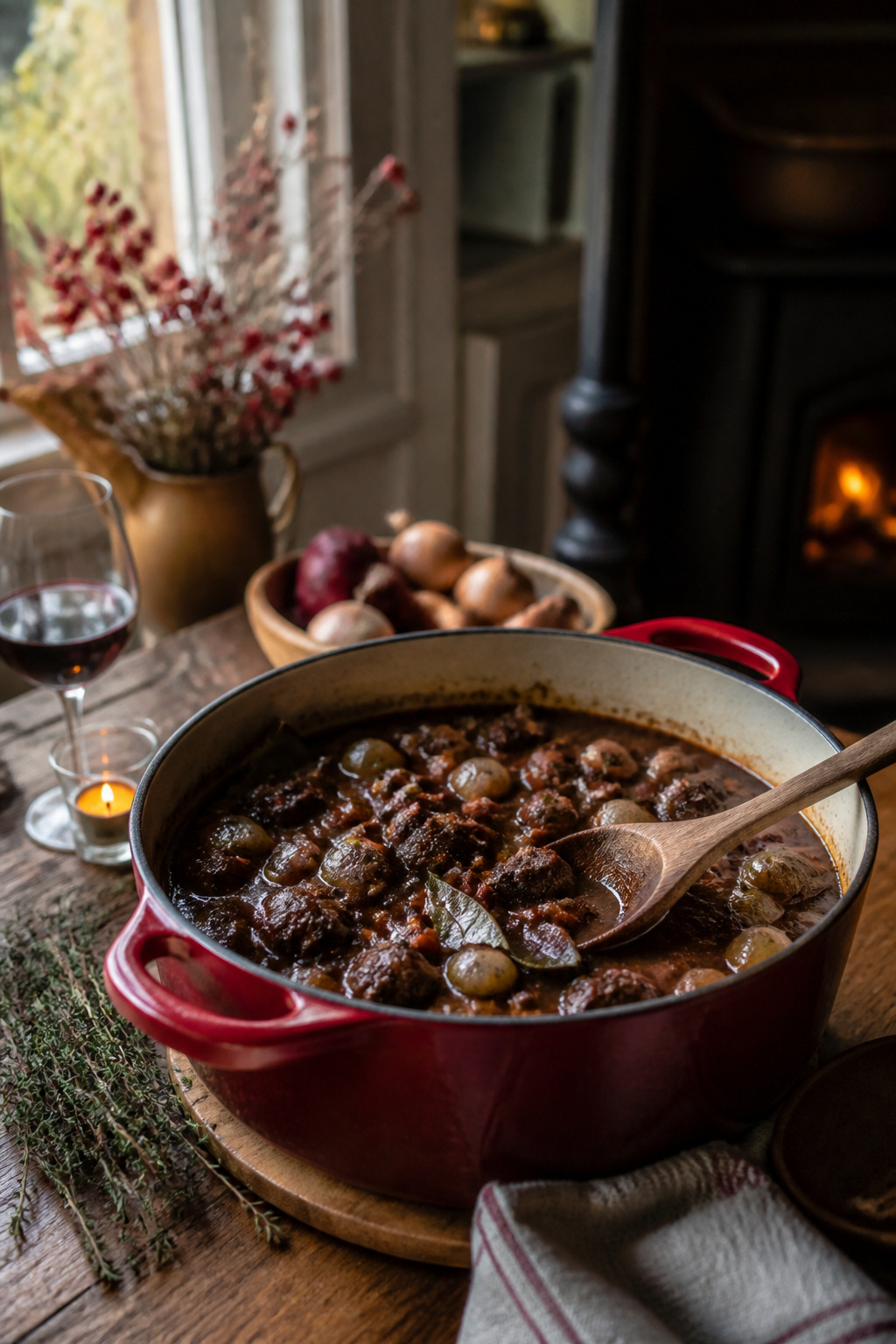 Beef Bourguignon Recipe: Method, Wine Choice and Make-Ahead Tips 1 A Dutch oven with beef bourguignon cooking on the stove.