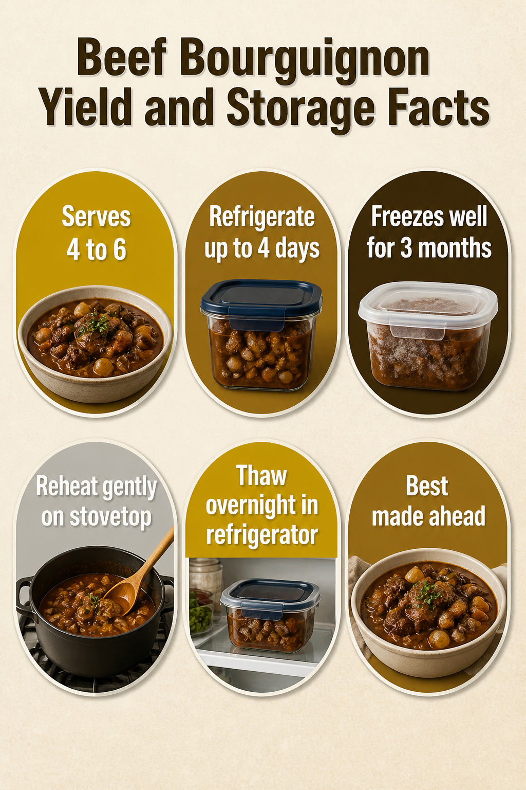 Beef Bourguignon Recipe: Method, Wine Choice and Make-Ahead Tips 4 A pot of beef bourguignon with storage and yield information.