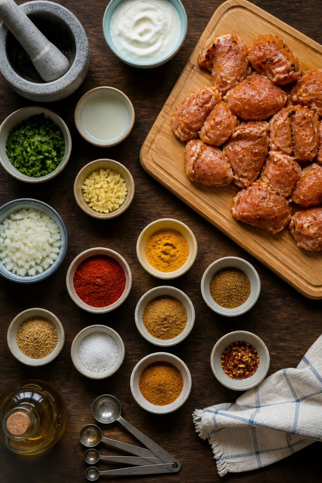 Butter Chicken Recipe with Heavy Cream and Coconut Options 2 A collection of ingredients for butter chicken on a countertop.
