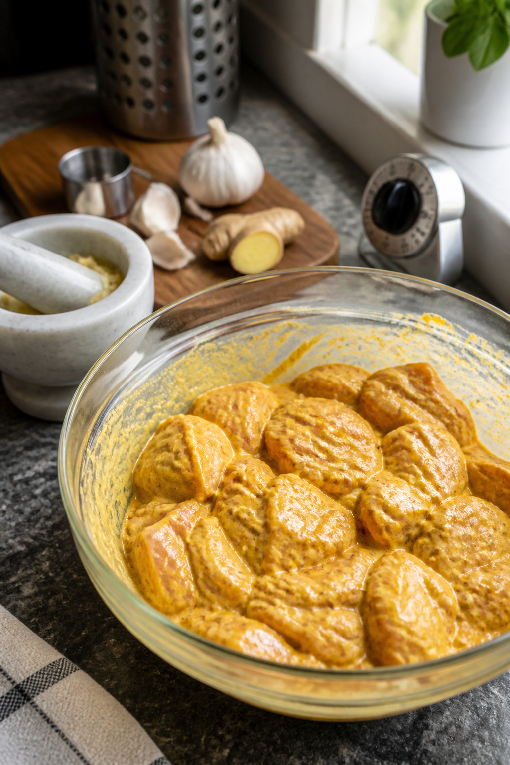 Butter Chicken Recipe with Heavy Cream and Coconut Options 6 Bowl of marinated chicken coated in yogurt and spices.