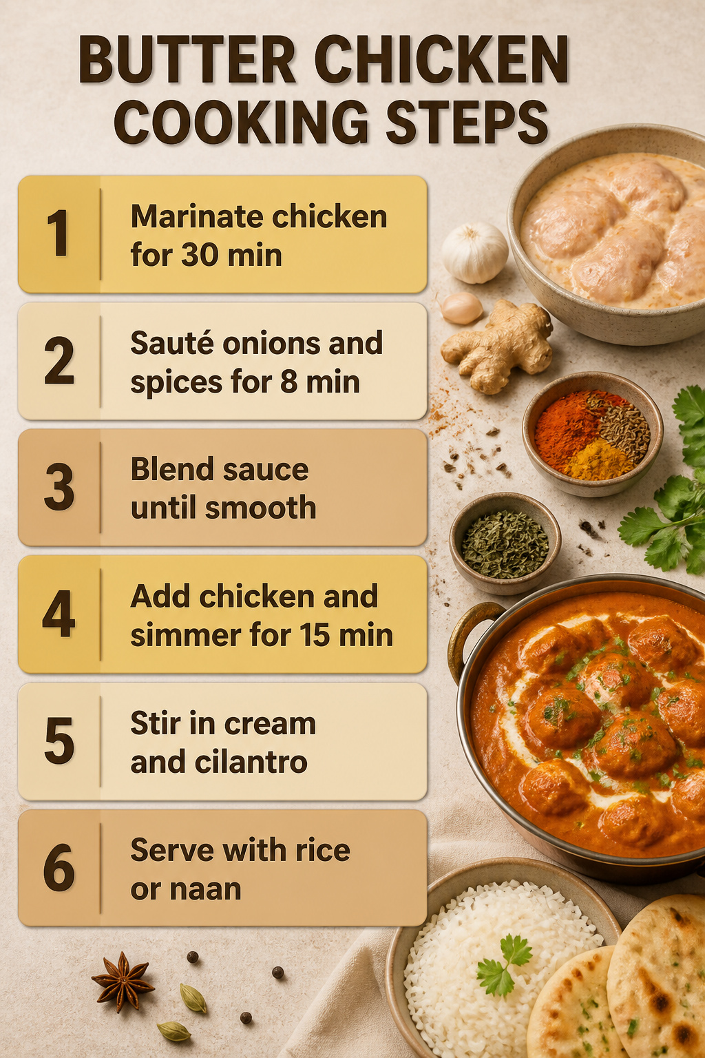 Butter Chicken Recipe with Heavy Cream and Coconut Options 3 Step-by-step cooking instructions for preparing butter chicken.