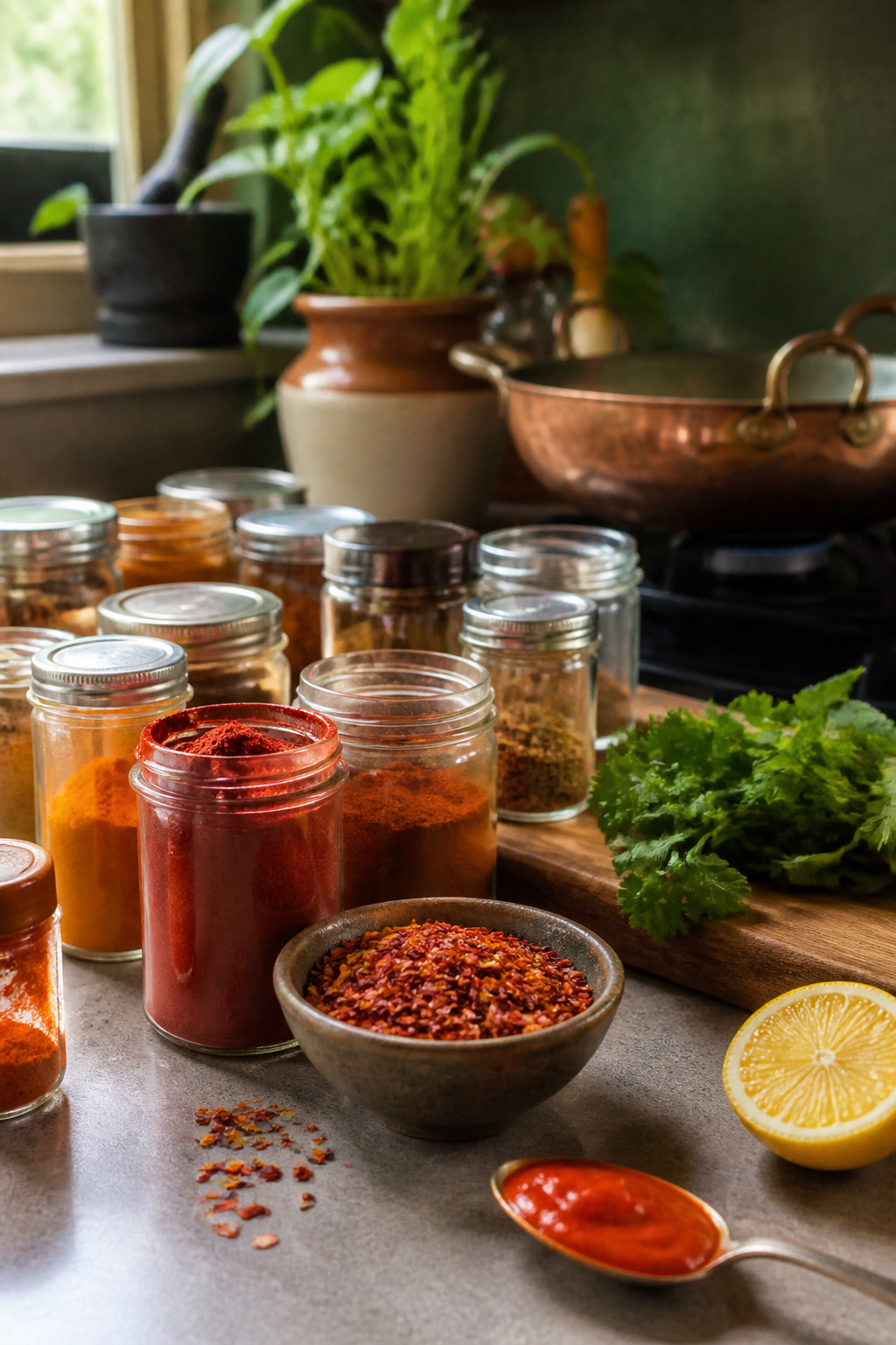 Butter Chicken Recipe with Heavy Cream and Coconut Options 7 Spice jars and chili flakes on a kitchen counter.