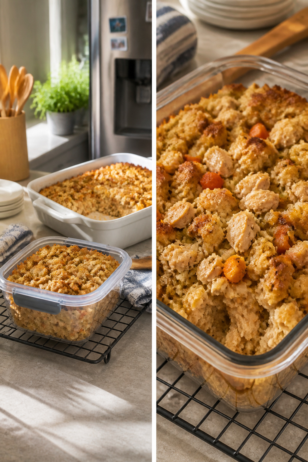 Chicken and Stuffing Casserole 6 A container holding leftover chicken and stuffing casserole.