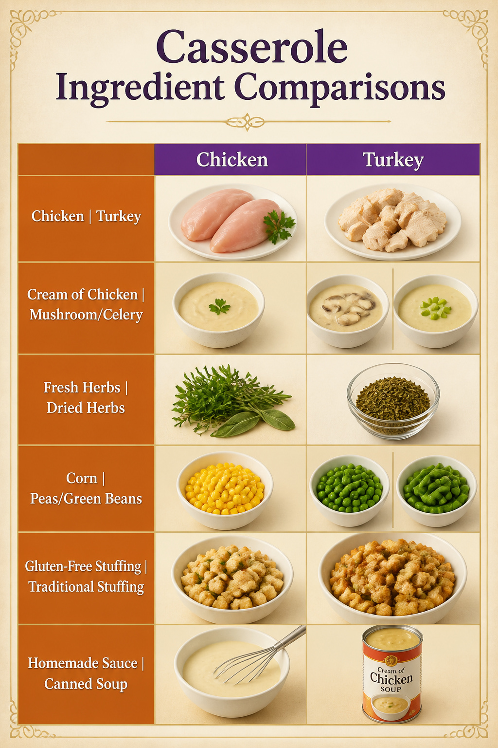 Chicken and Stuffing Casserole 5 Casserole ingredient comparisons for chicken and stuffing casserole.
