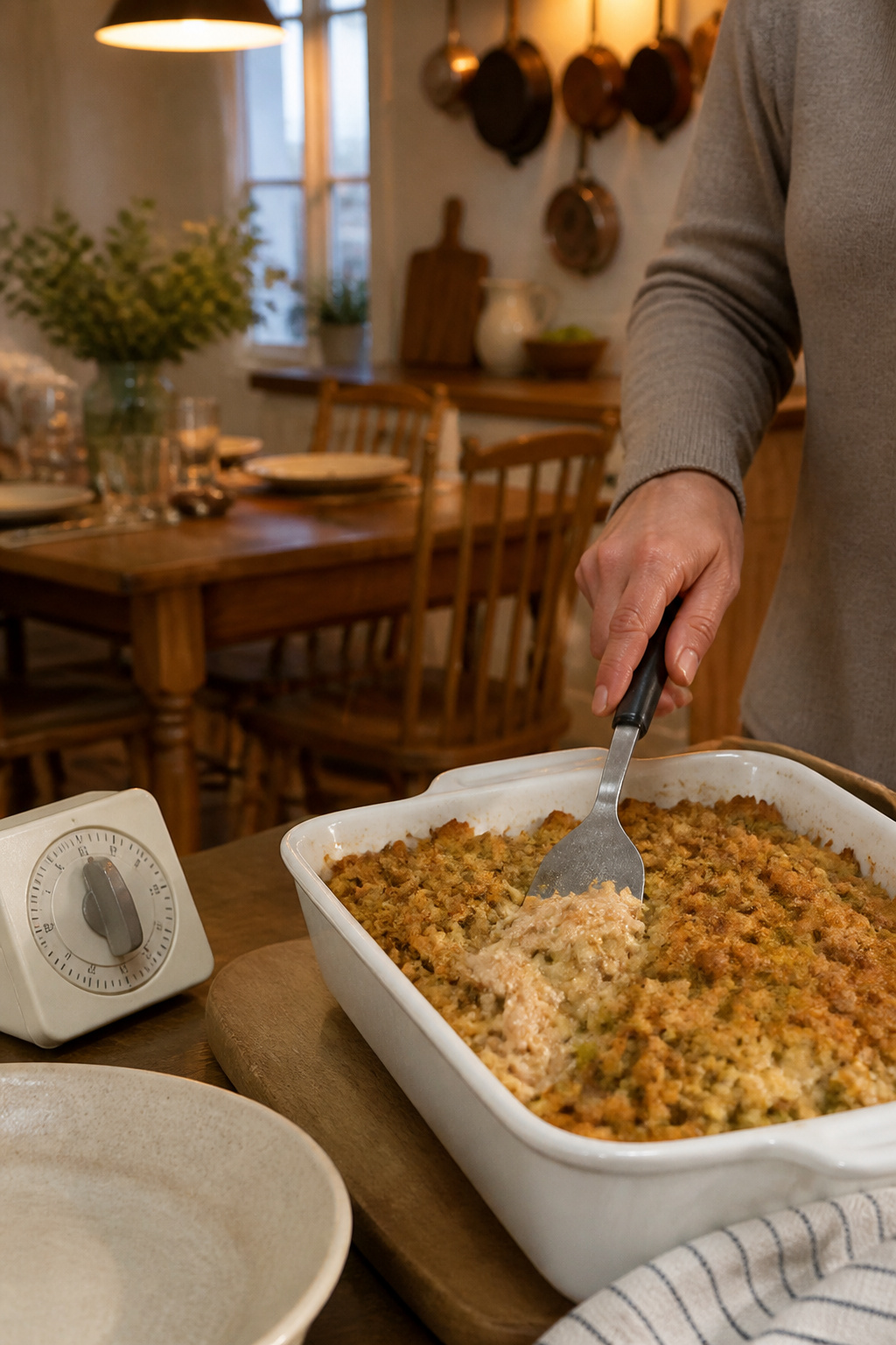 Chicken and Stuffing Casserole 4 A chicken and stuffing casserole emerging from the oven, with timer visible.