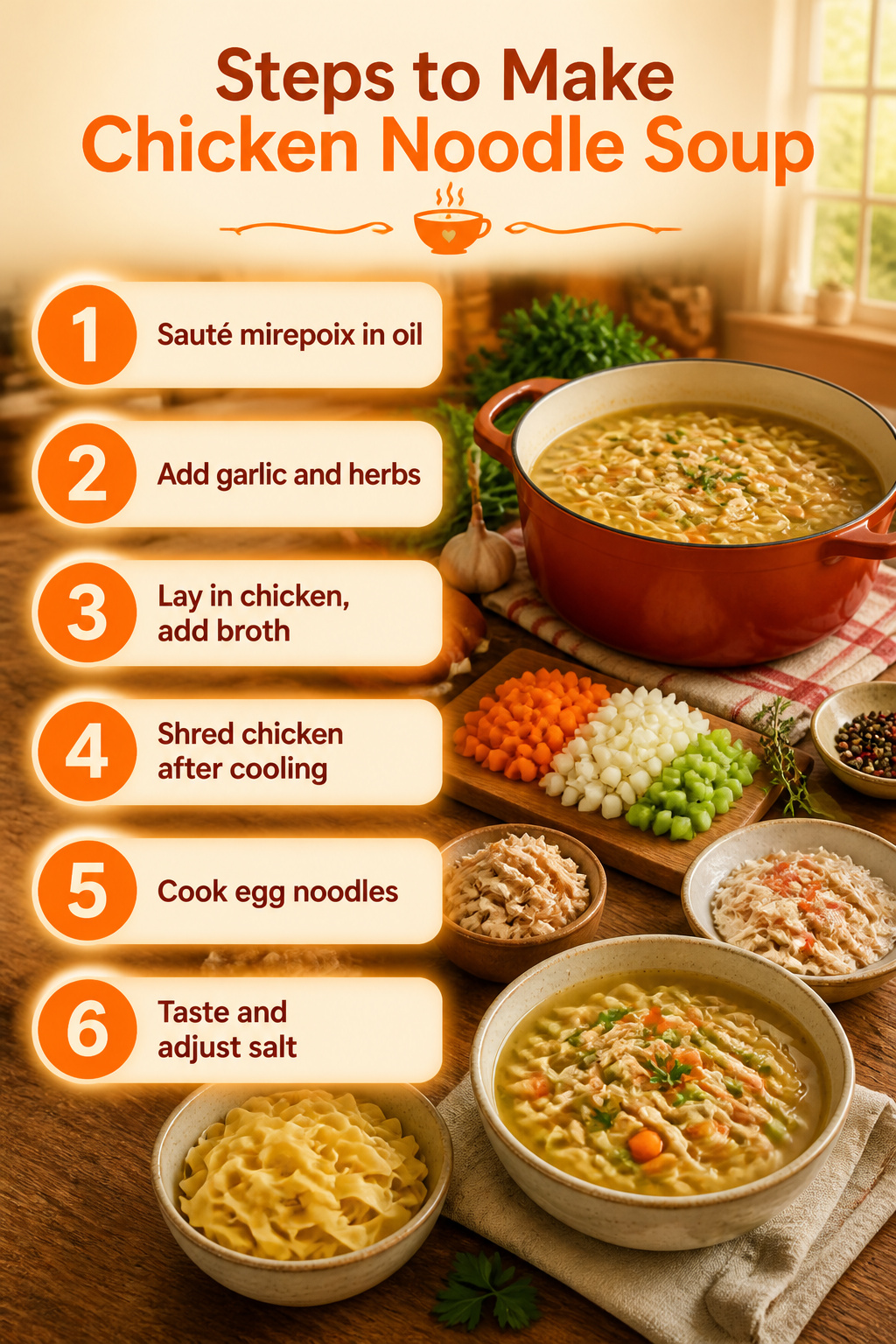 Homemade Chicken Noodle Soup Recipe (From Scratch) 3 A visual guide outlining the steps to prepare chicken noodle soup.