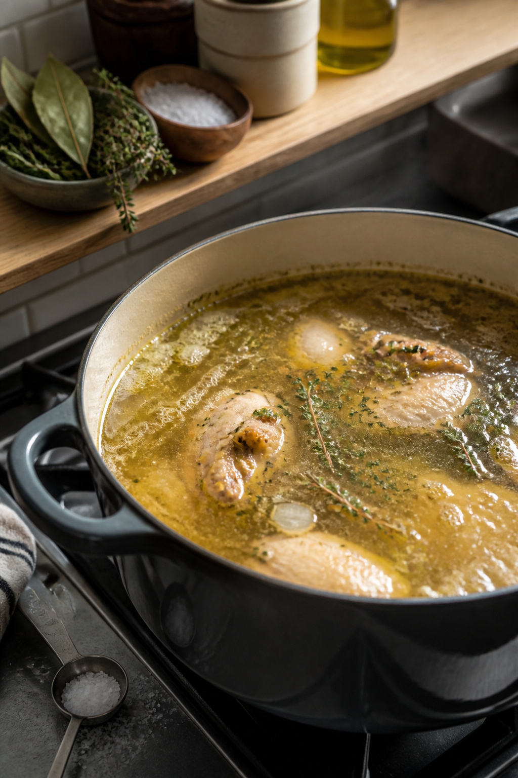 Homemade Chicken Noodle Soup Recipe (From Scratch) 4 Bubbling broth in a pot with pieces of chicken and herbs.
